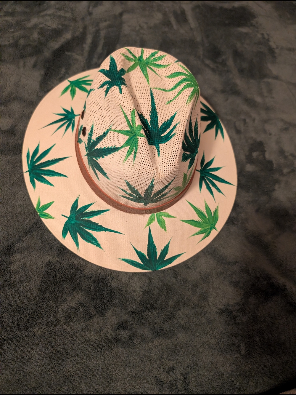 Hand-Painted Straw Fedora with Green Leaf Motif